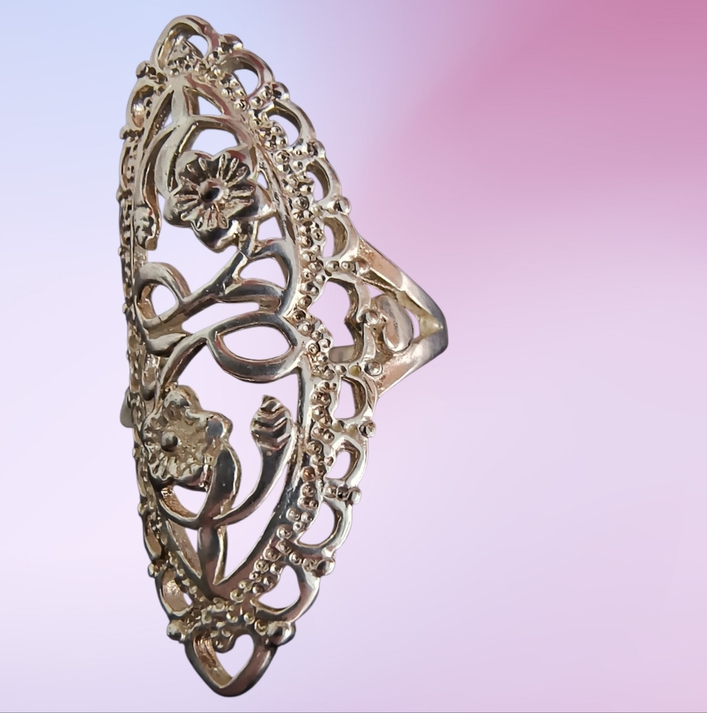 Long Marquise Silver-Tone Filigree Floral Statement Ring